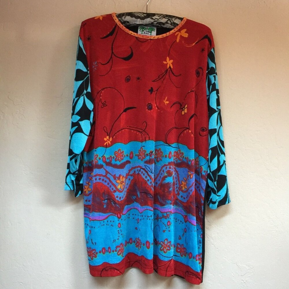 Vintage Coconut Bay Womens Velour Tunic Top Printed Long Sleeve Multicolor